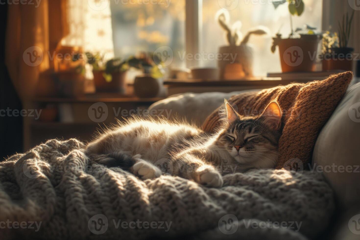 A fluffy cat relaxes on a cozy couch with a knitted blanket in warm sunlight shining through the window photo