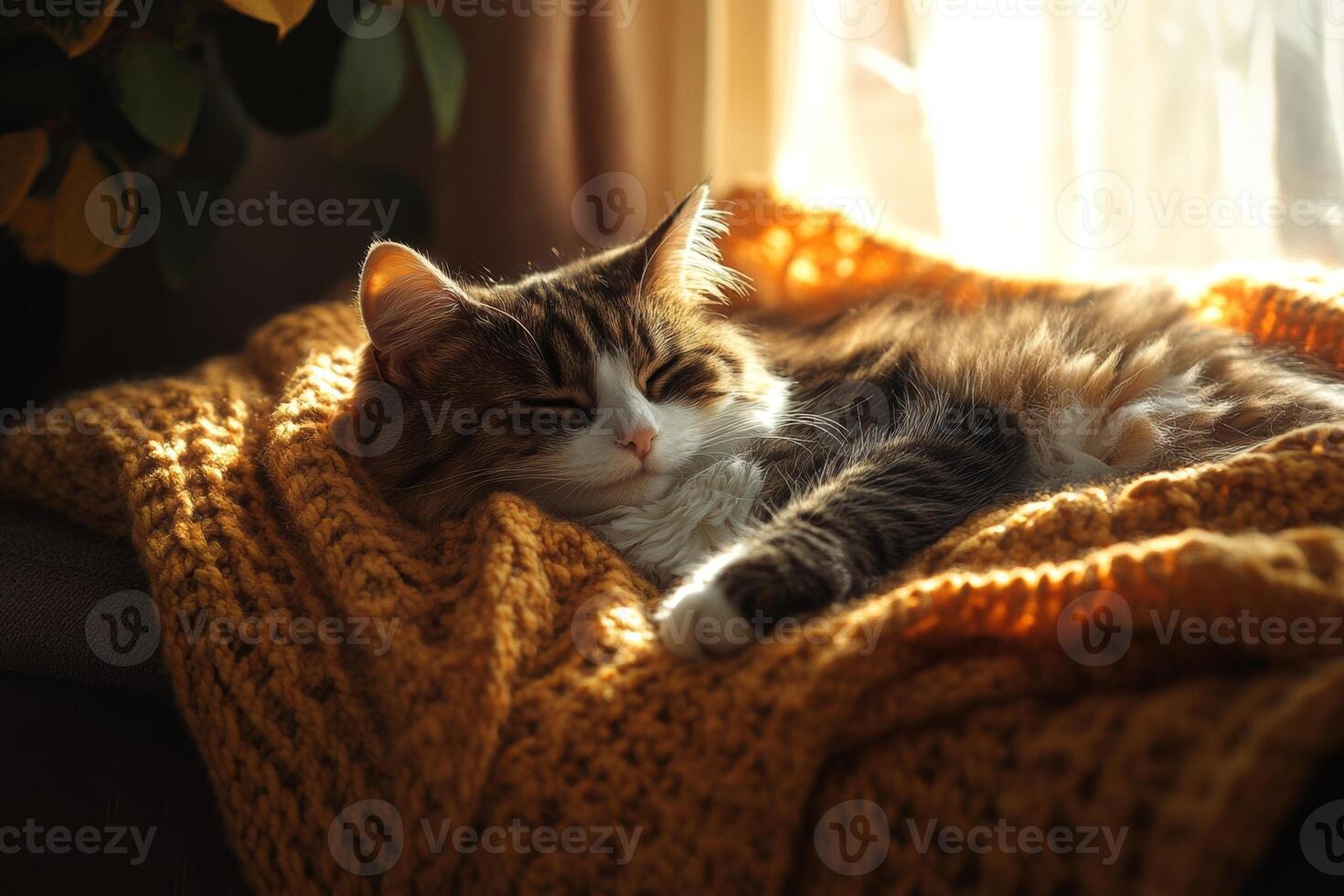 A fluffy cat relaxes on a knitted blanket while sunlight fills the cozy living room, creating a warm and peaceful atmosphere photo