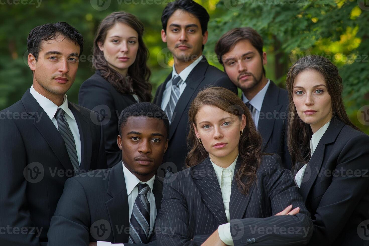 Group of professionals in formal attire posing together in a lush outdoor setting during a business networking event photo