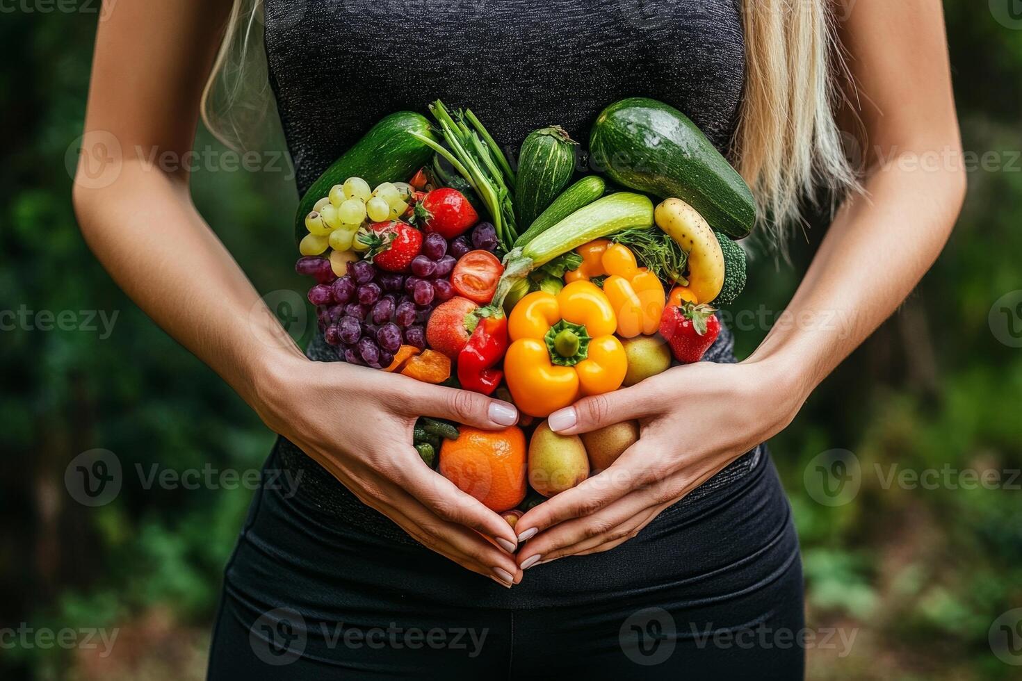 A woman holds her hands in a heart shape around fresh fruits and vegetables promoting gut health and nutrition outdoors in the sunlight photo