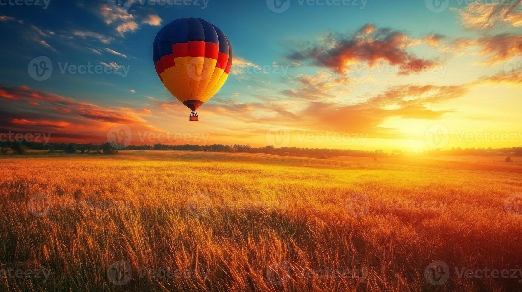 A hot air balloon gracefully floats over a golden field at sunrise, with warm colors illuminating the sky and creating a serene atmosphere photo