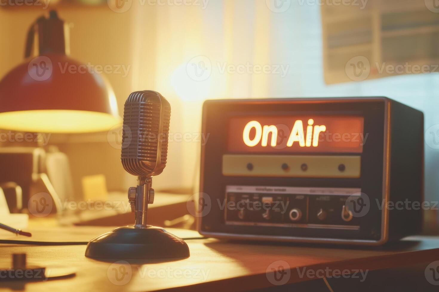 Microphone in a radio podcast studio with an illuminated On Air sign during a broadcasting session in the late afternoon photo