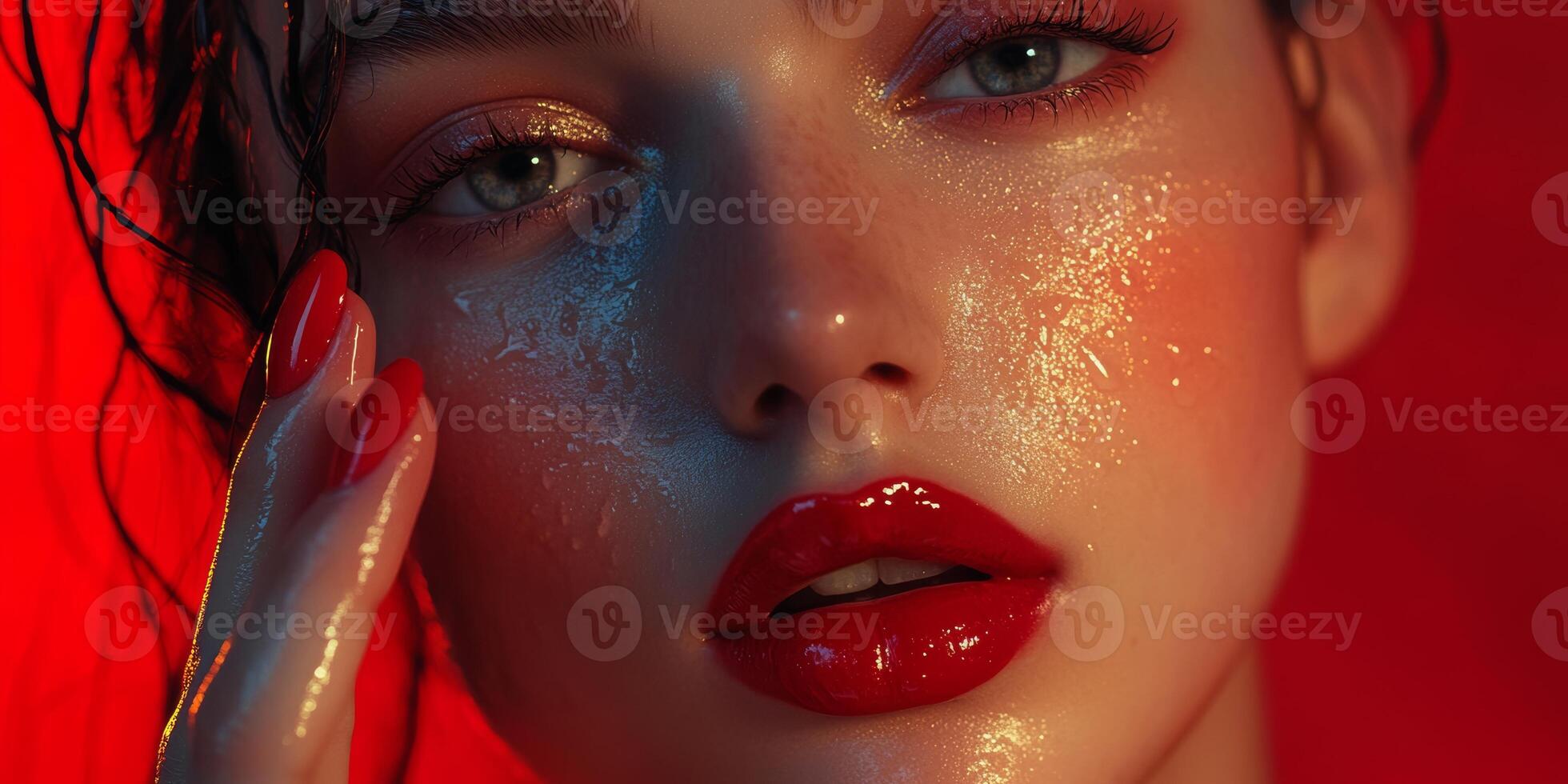 A close-up portrait of a female model showcasing bold red lips, vibrant red nails, and luminous skin against a striking red background photo