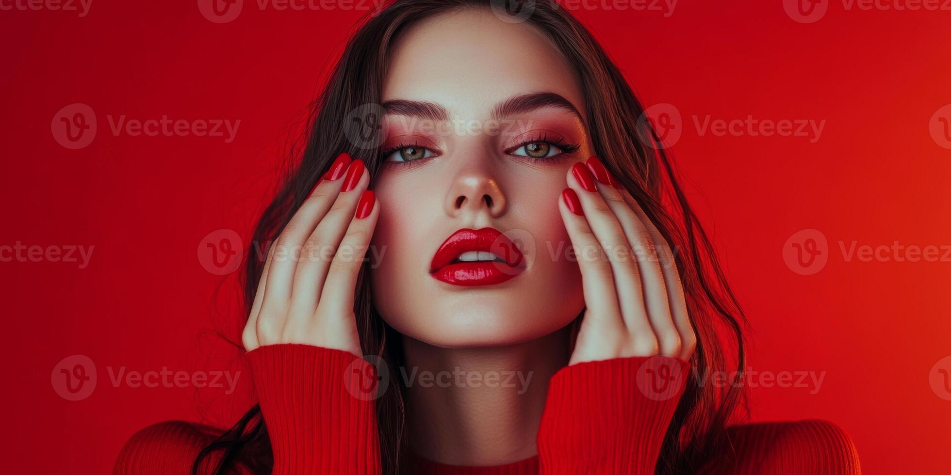 A captivating female model showcases striking red lips and matching nails against a bold red background, highlighting cosmetics and beauty photo