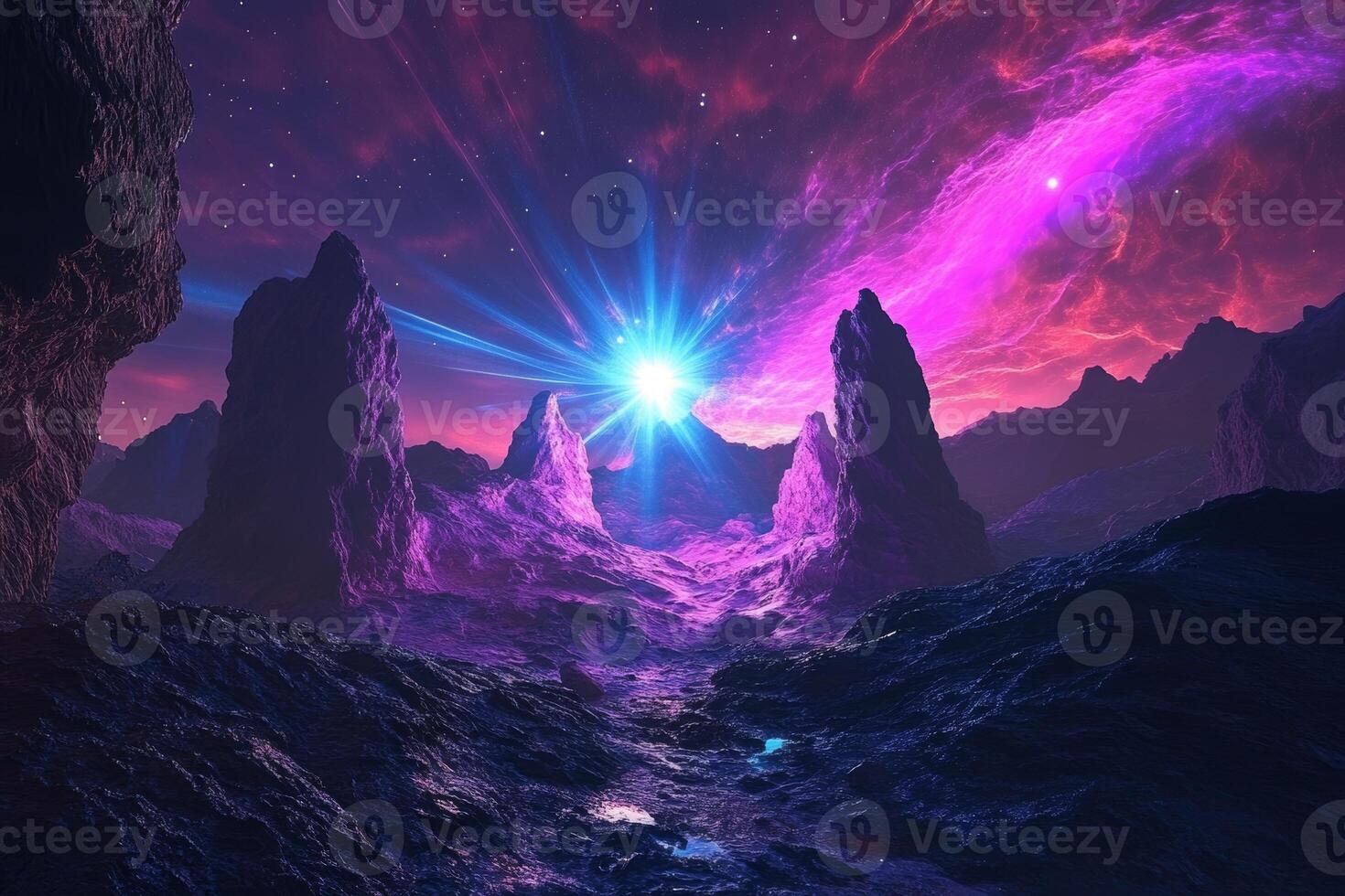A vibrant cosmic landscape with a glowing portal and dynamic lasers in a dark rugged environment at night photo
