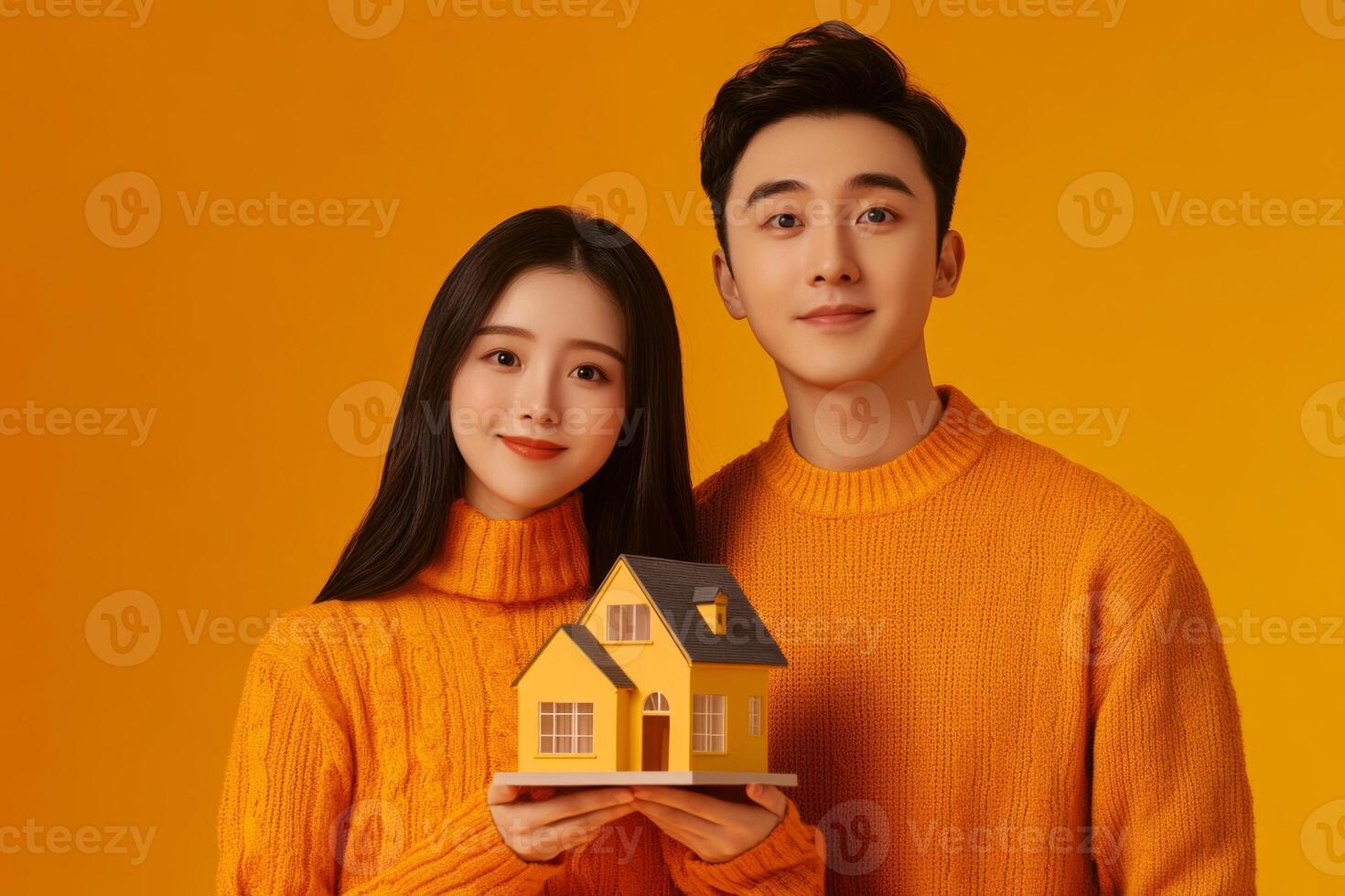 A young Chinese couple celebrates home ownership while holding a model house against a bright orange background with engaging expressions photo