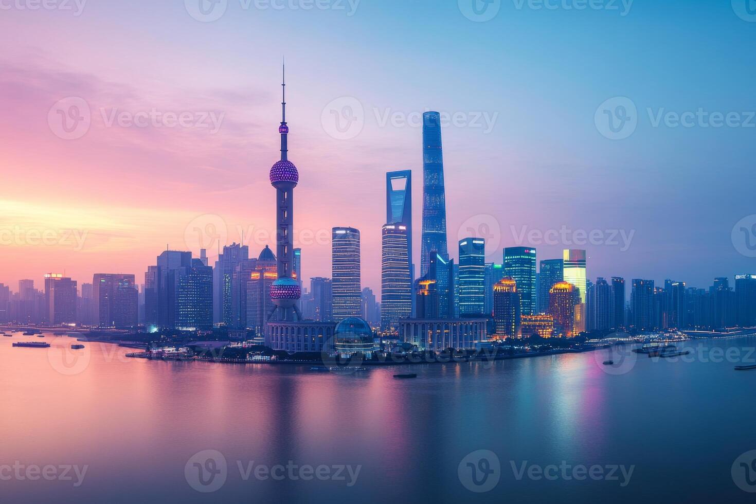 A stunning smart city skyline at dusk in Shanghai with glowing connections representing big data and technology integration photo