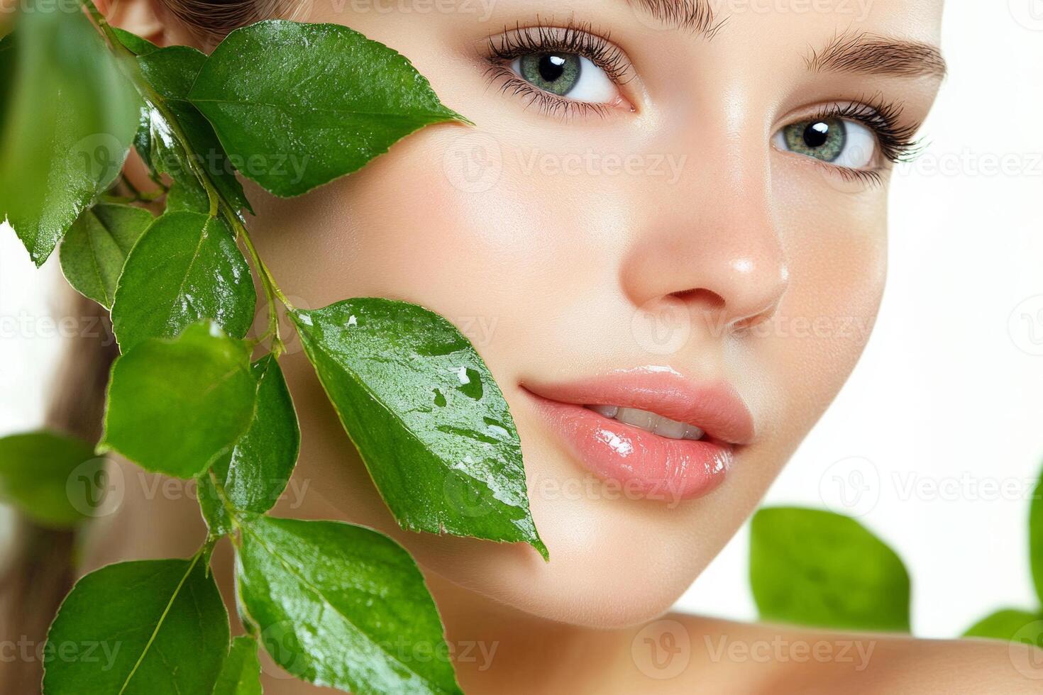 Closeup view of a woman surrounded by green leaves highlighting natural beauty and skincare treatments photo