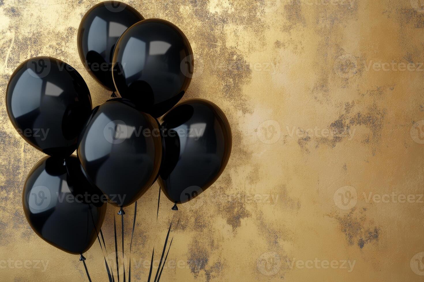 Black balloons featuring discounts on a gold background with ample copy space for promotions and advertisements photo