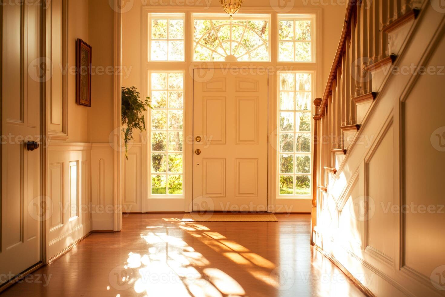 Bright and welcoming entry hall filled with sunlight highlighting the home's inviting atmosphere photo