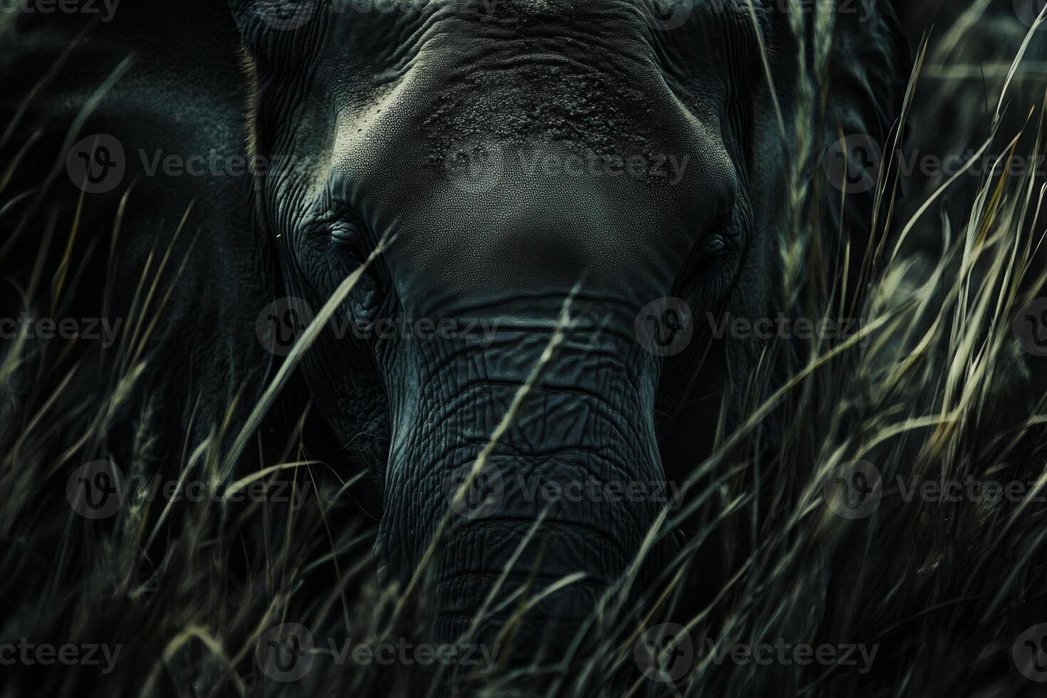 Close-up view of an elephant among tall grass in the African savannah highlighting wildlife beauty and natural habitat photo