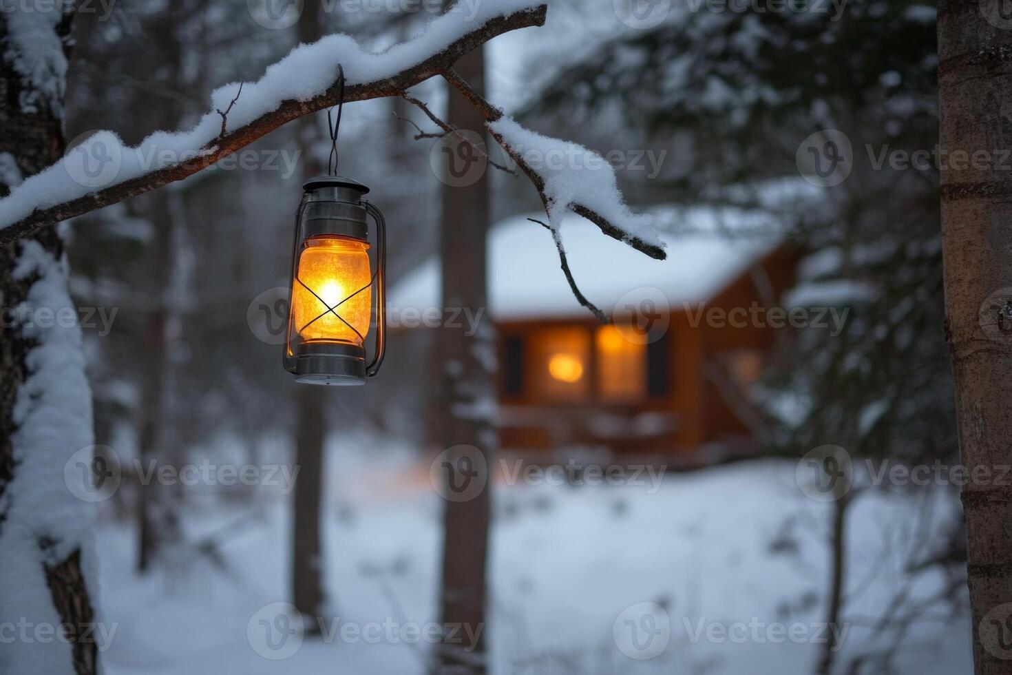 Glowing lantern illuminates winter forest with cozy cabin in the distance photo