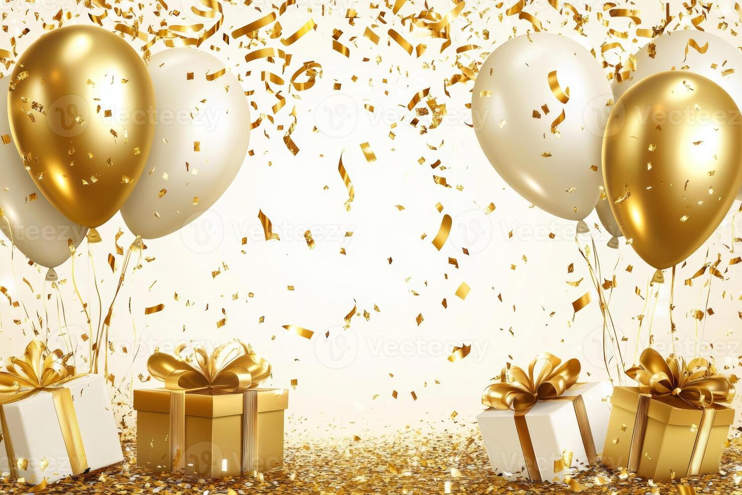 Golden celebration with balloons, confetti, and presents creates a festive atmosphere for a special occasion photo