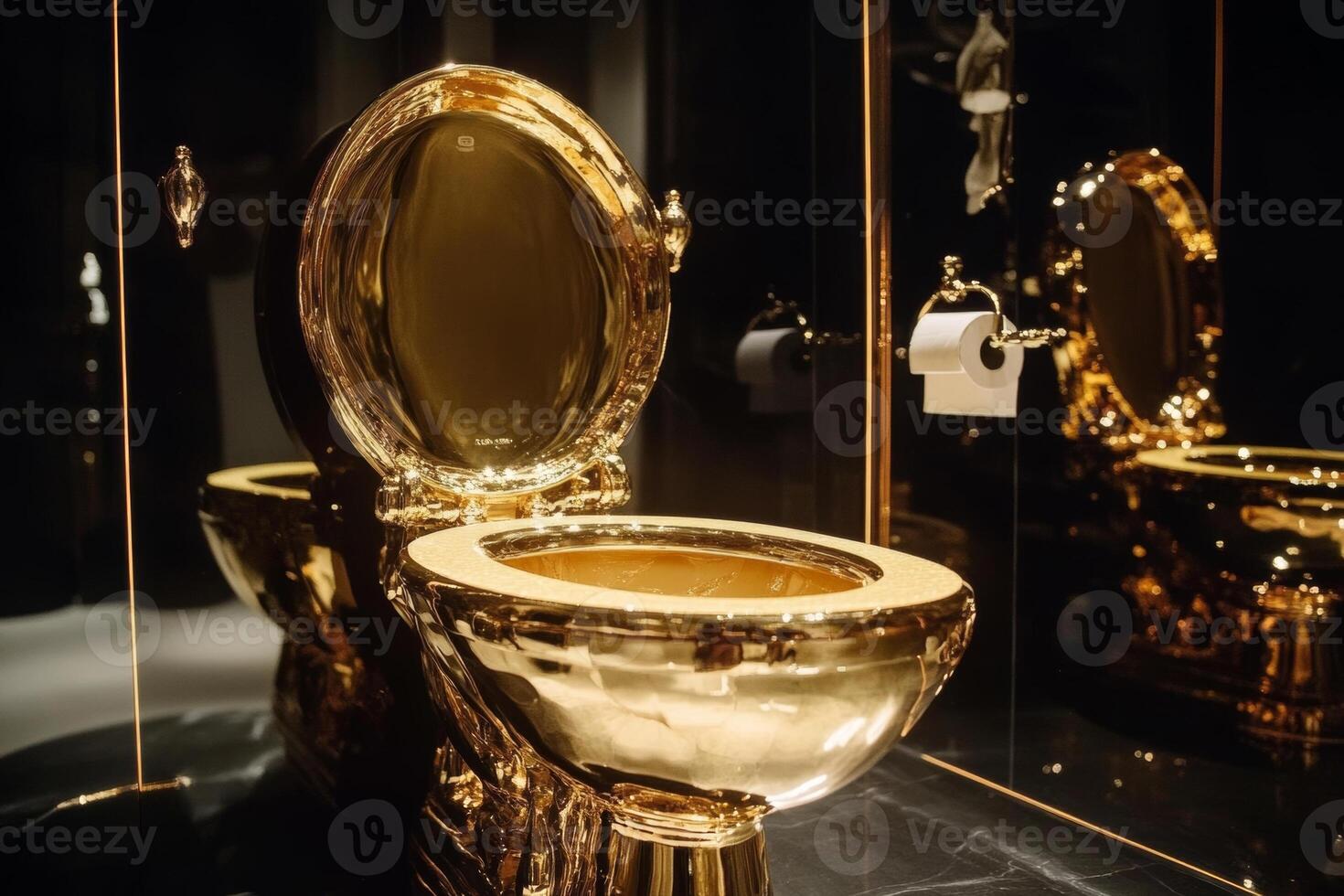 Luxurious golden toilet displayed in a modern restroom with sleek design and creative decor photo