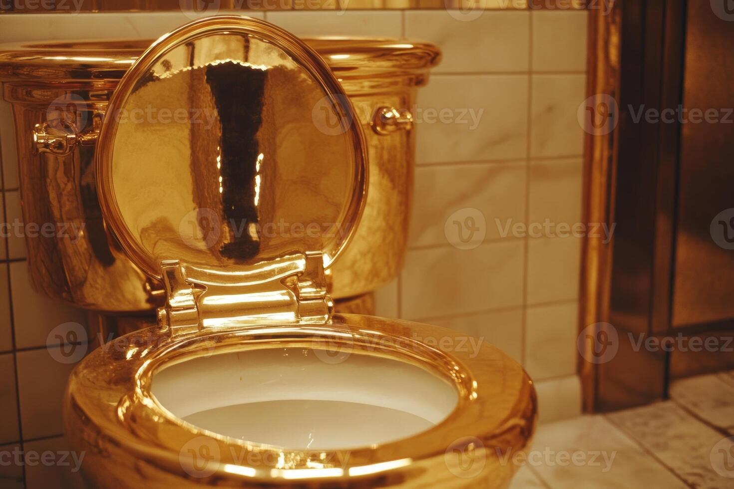 Golden toilet displayed in luxurious restroom interior with marble and shiny finishes photo