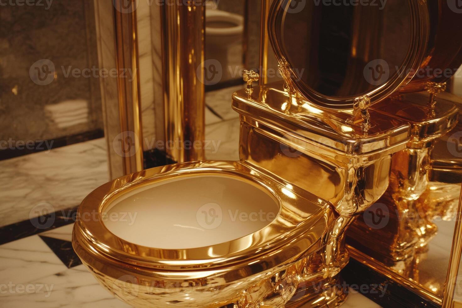 Luxurious golden toilet in a marble bathroom adds opulence and elegance to the restroom decor photo