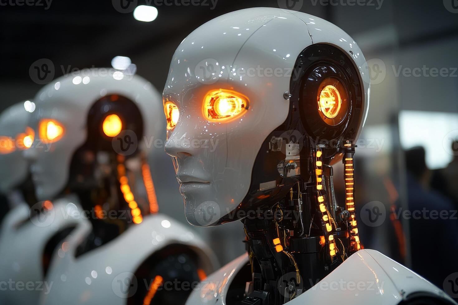Humanoid robots with glowing eyes showcase advancements in artificial intelligence at a technology expo photo