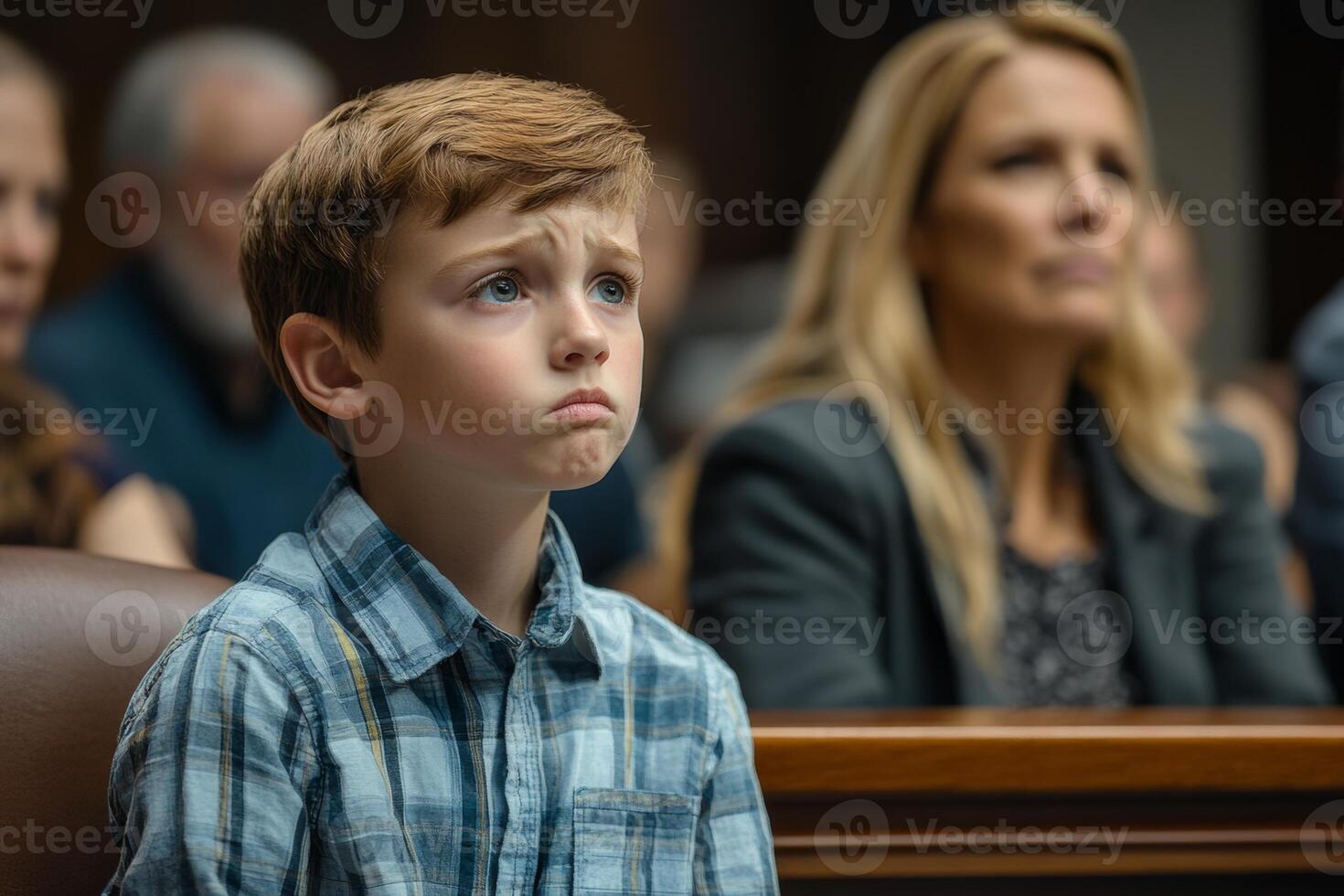 Parents argue intensely over child custody in crowded courtroom with anxious son present photo