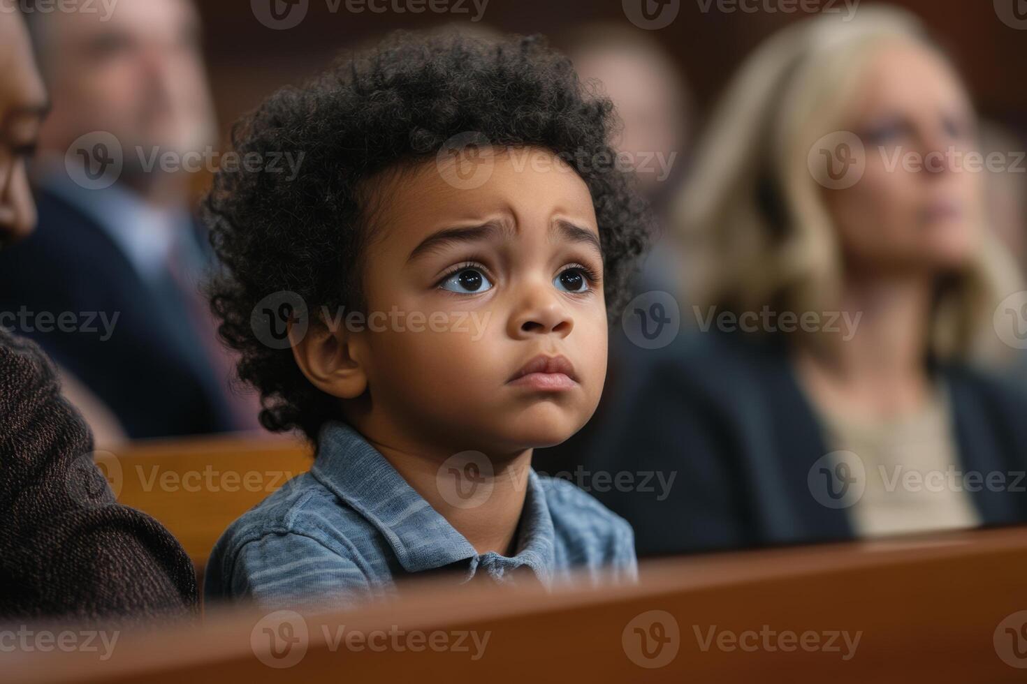 Tense courtroom custody battle as parents argue while their son looks on anxiously in a busy courtroom photo