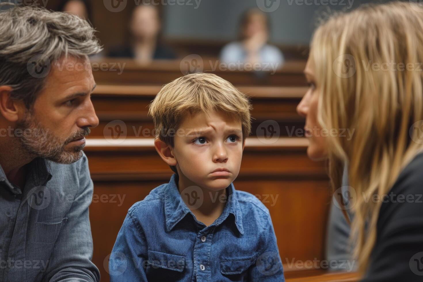 Parents argue in a courtroom about child custody while their anxious son watches the tension unfold photo