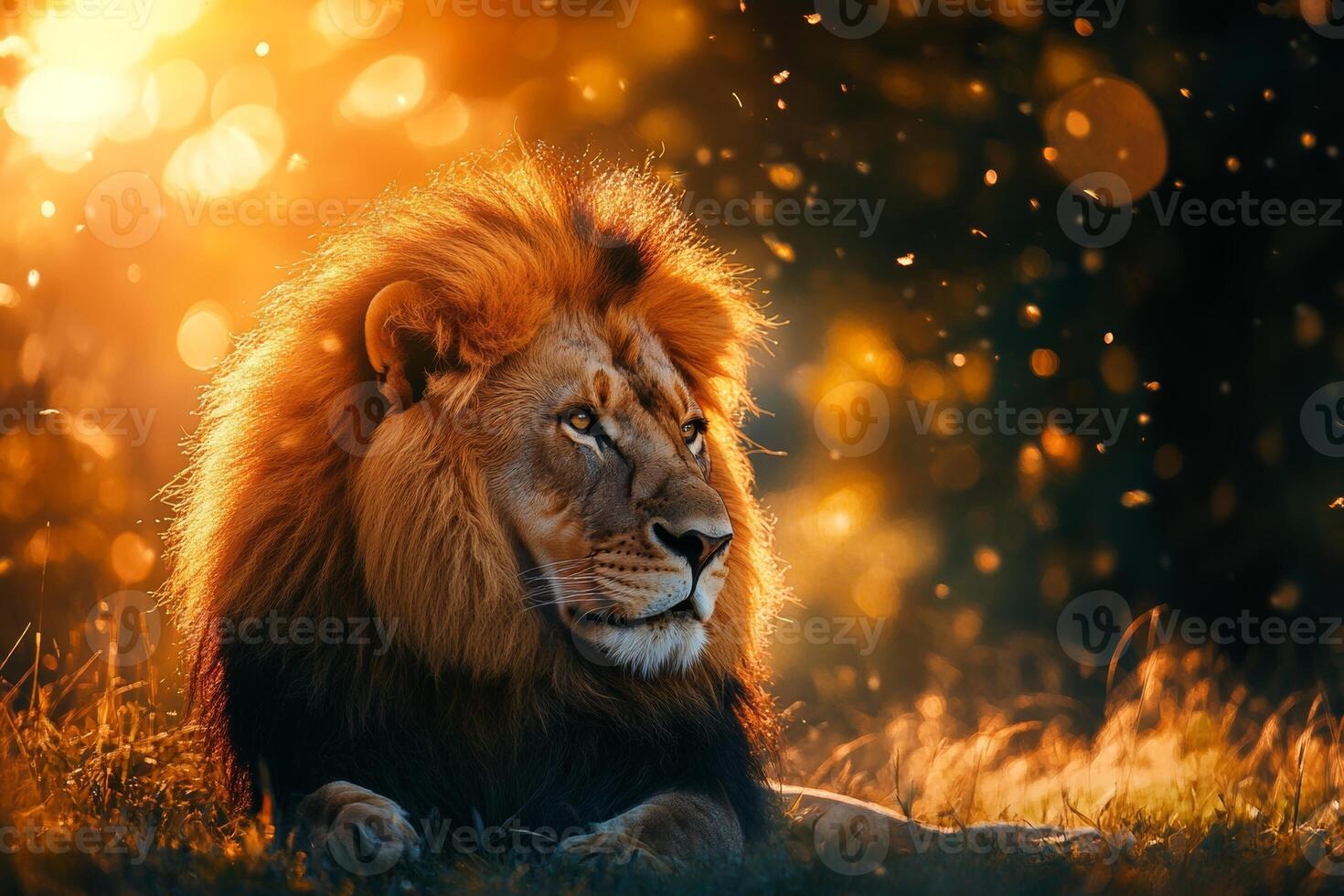 Lion resting in tall grass under golden sunlight on the African savannah at dusk photo