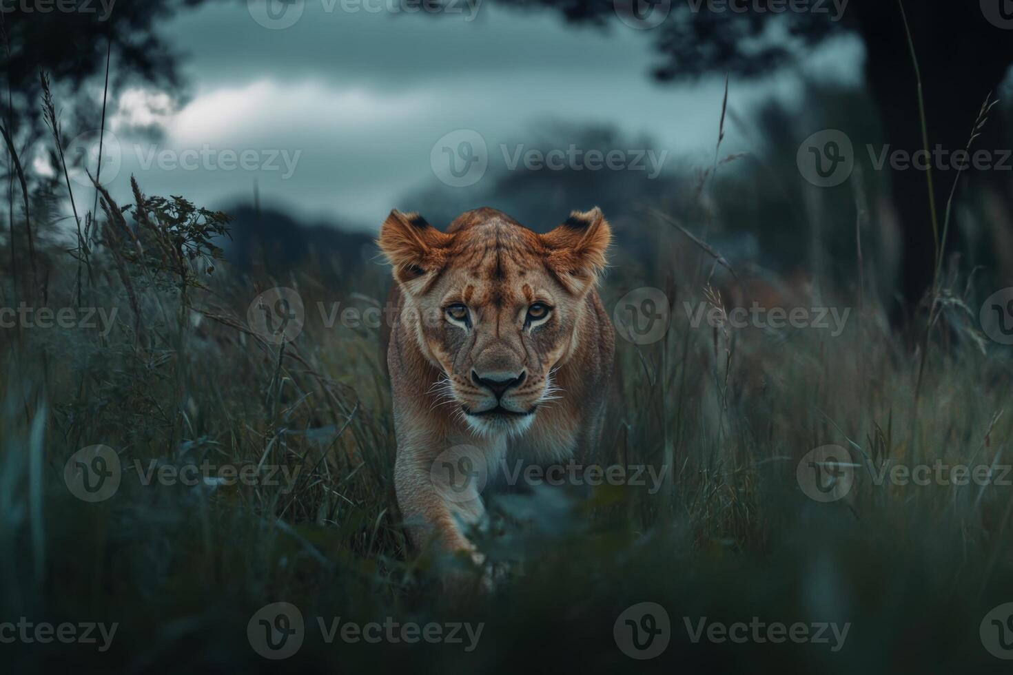 Lioness walking gracefully through a grassy field in the African savannah at twilight photo