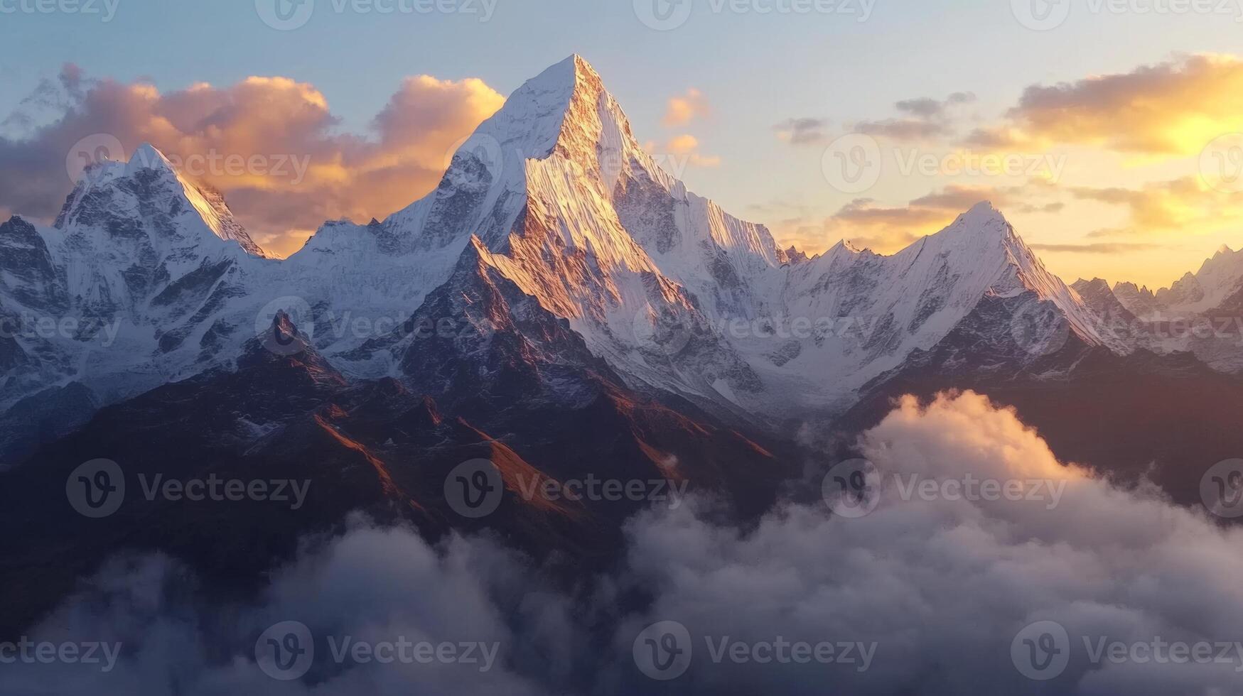Majestic snow-covered peaks rise dramatically in golden hour light with clouds swirling around the mountains photo