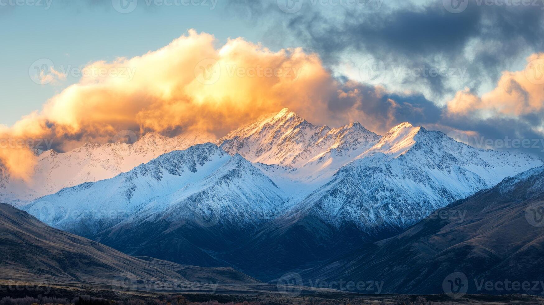 Majestic snow-covered mountains illuminated by golden hour light with dramatic clouds swirling above photo