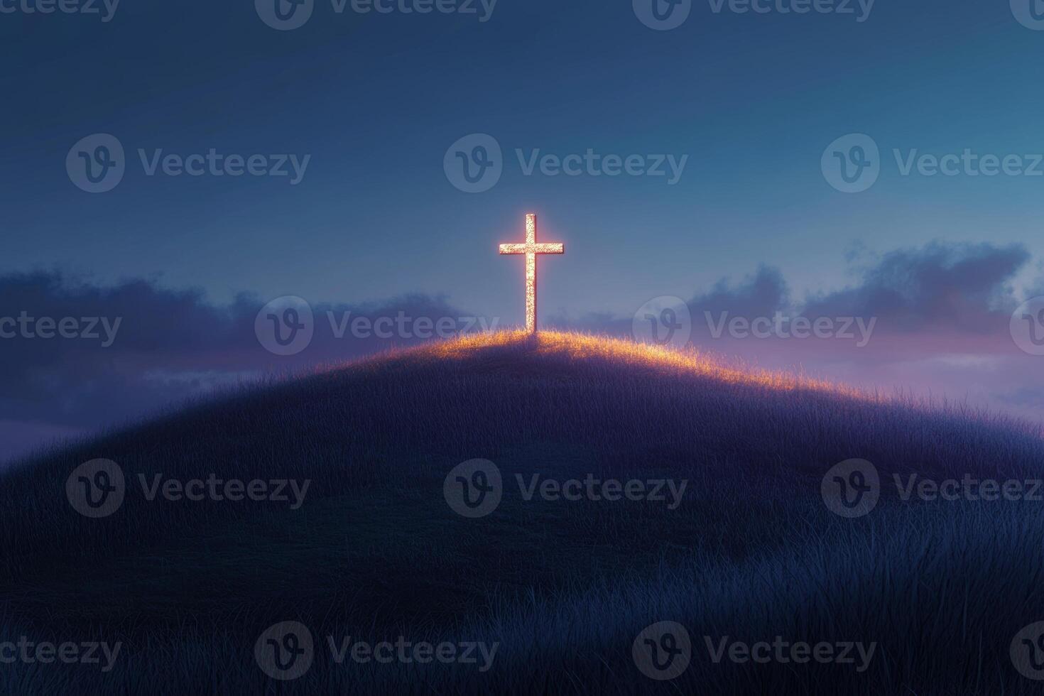 Solitary cross glows gently on hilltop at dusk, illuminating tranquil landscape in warm light photo