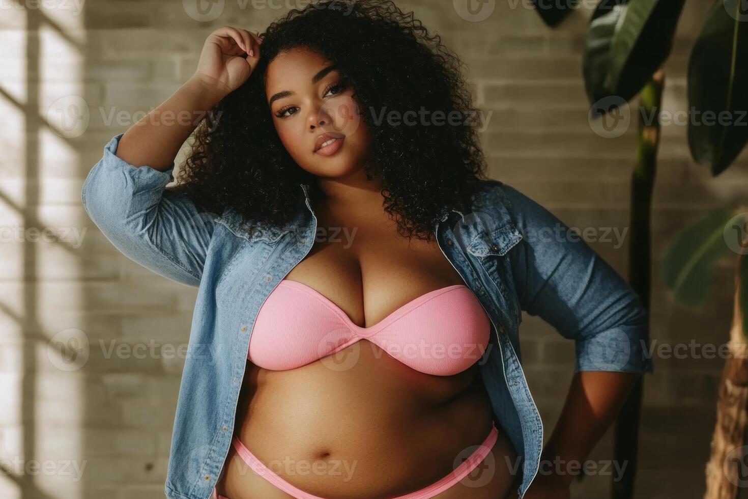 Plus size woman in pink underwear and denim shirt poses elegantly in cozy indoor setting photo