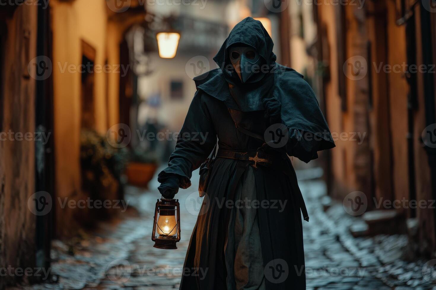 Plague doctor walks through medieval town holding lantern during bubonic plague outbreak in the 14th century photo