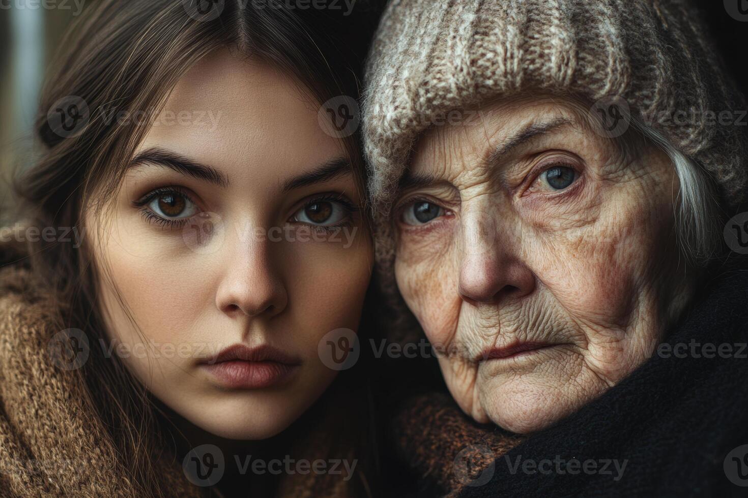 Captivating portrait of a young woman and elderly woman showing the beauty of different generations in a warm embrace photo