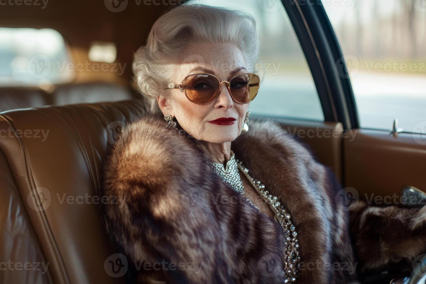 Rich elderly lady in fur coat and jewelry enjoys luxury ride in a limousine on a sunny day photo