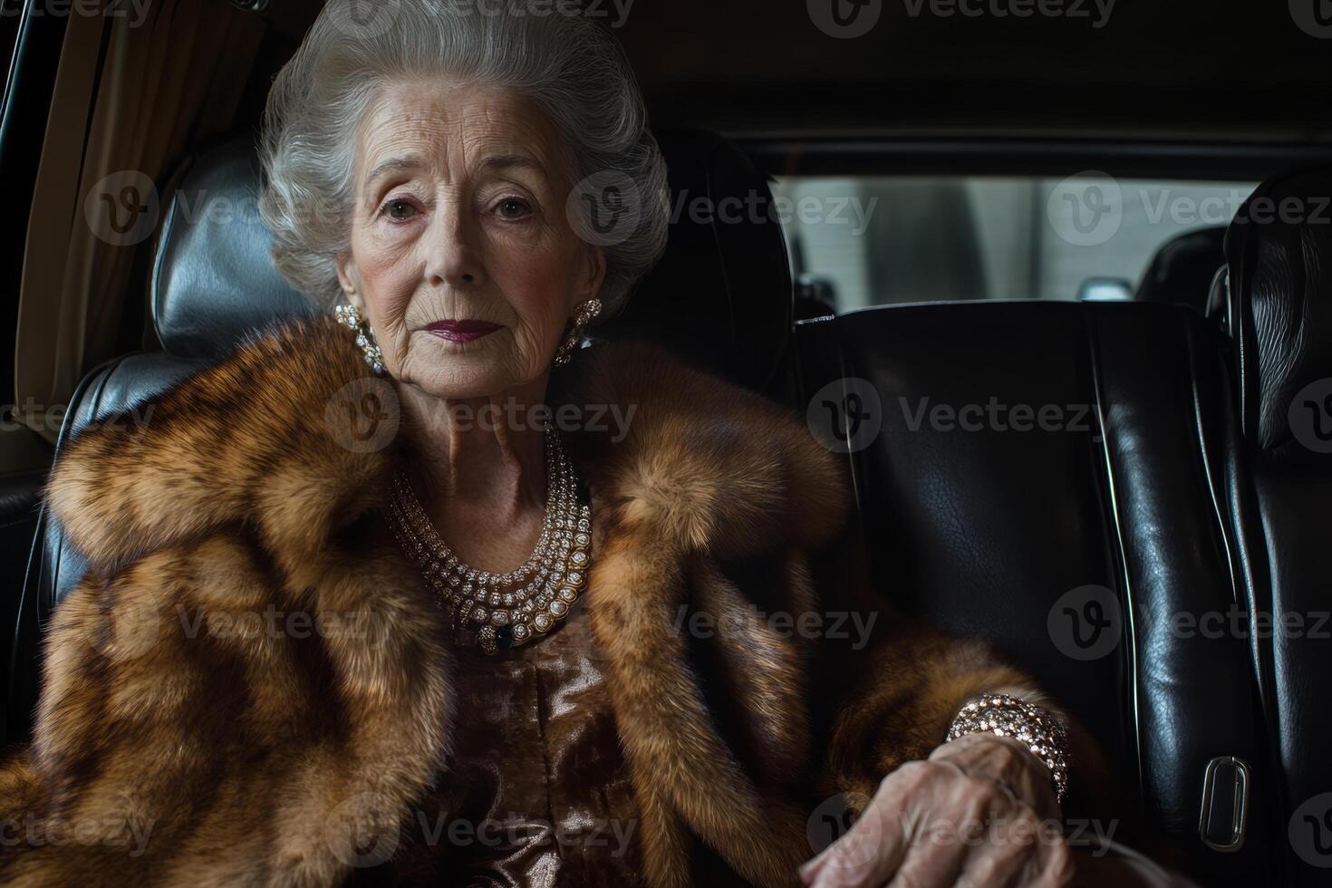Wealthy elderly woman in luxurious limousine adorned with fine jewelry and fur coat photo