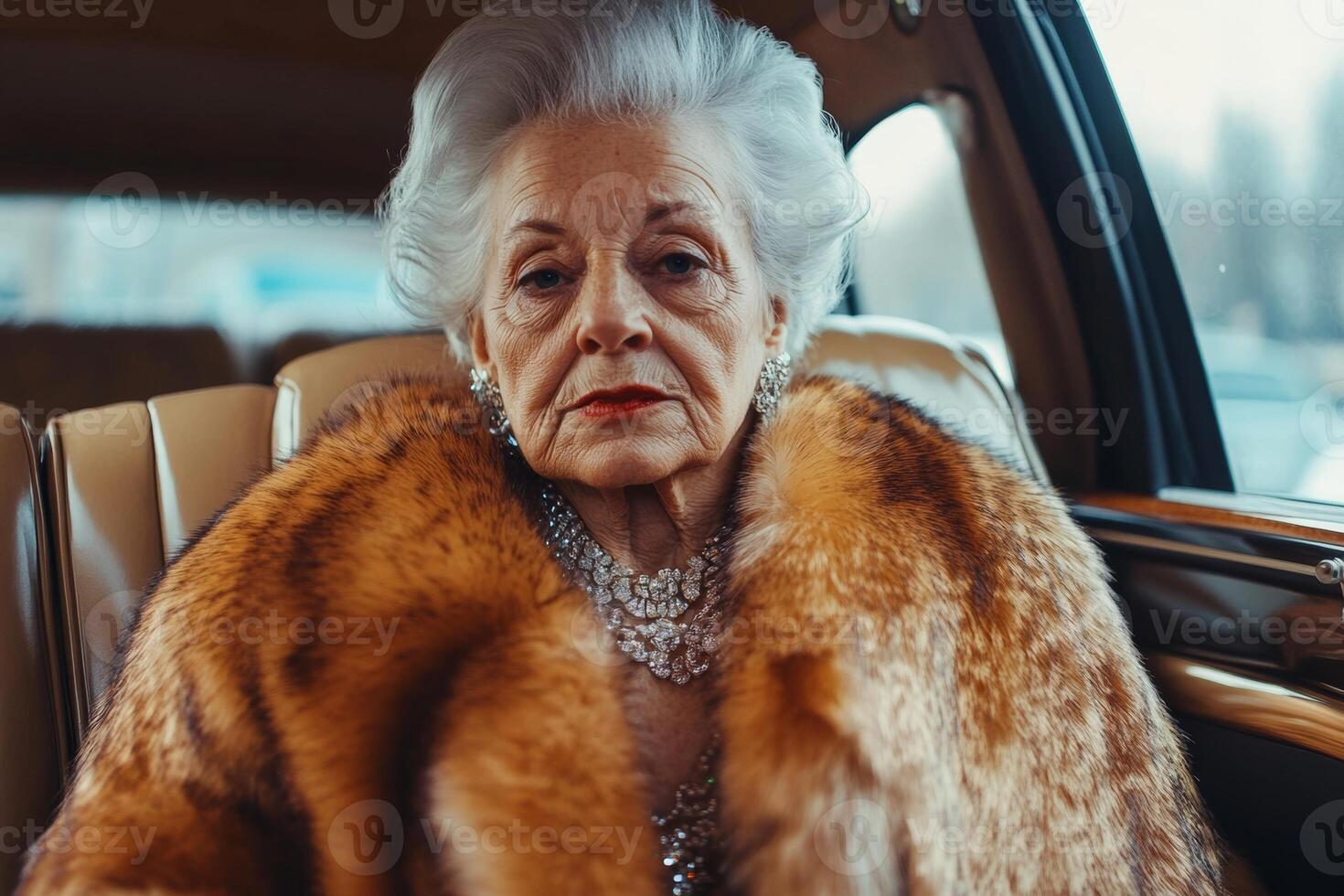 Elegant elderly woman in luxurious fur coat and jewelry in a high-end limousine during a stylish city outing photo