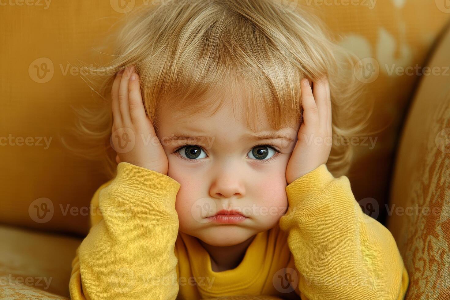 Child covers ears in distress while sitting on a couch in a cozy living room filled with soft colors and natural light photo