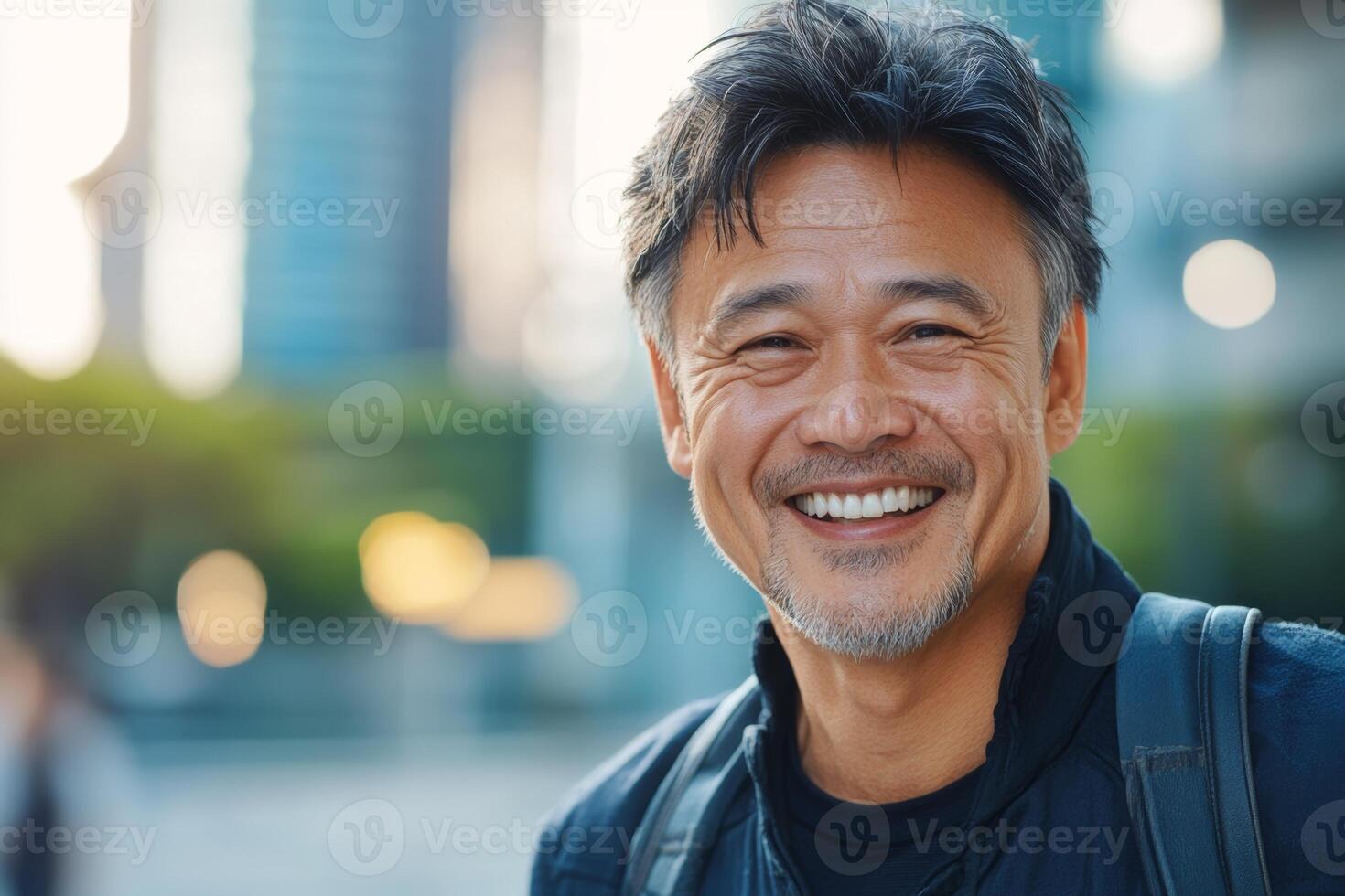 Smiling senior Asian man enjoying a sunny day outdoors in the city while walking and laughing at the camera photo