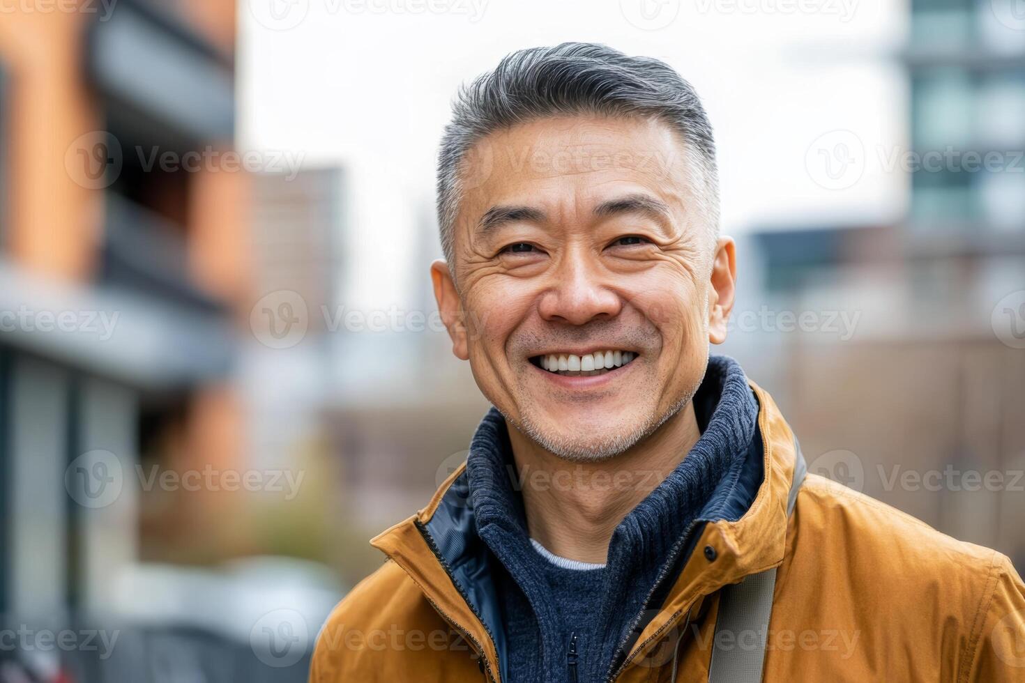 Senior Asian man smiles joyfully outdoors in the city during a sunny day photo