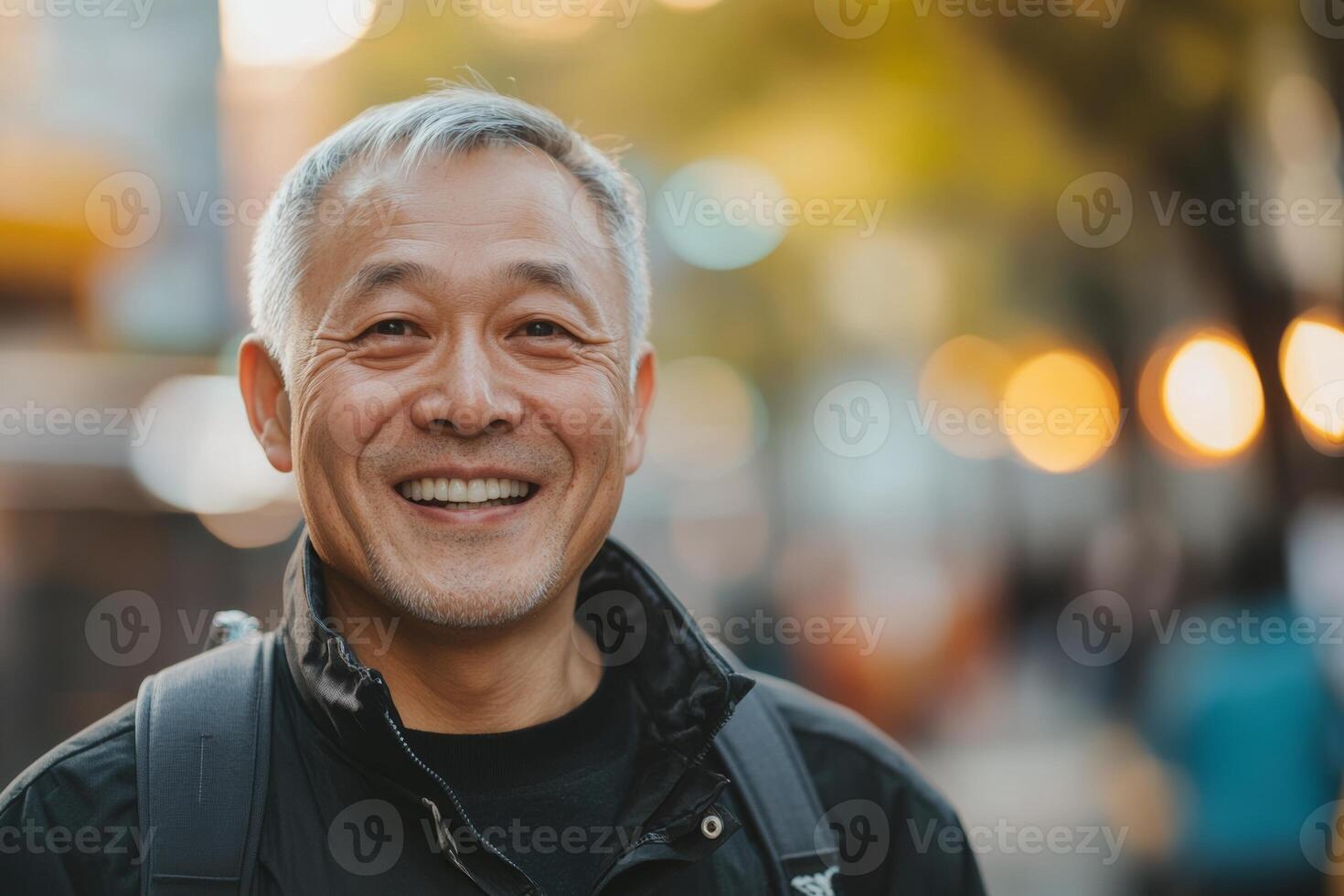 Smiling senior Asian man enjoying a sunny day in the bustling city, exuding warmth and happiness photo