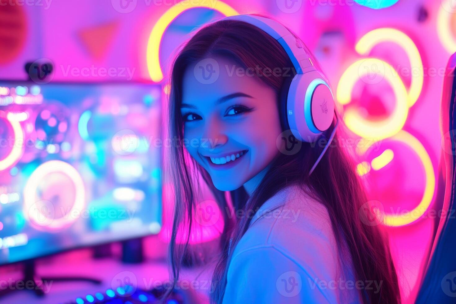 Smiling gamer girl enjoying gaming in a colorful neon-lit room with headphones on at night photo