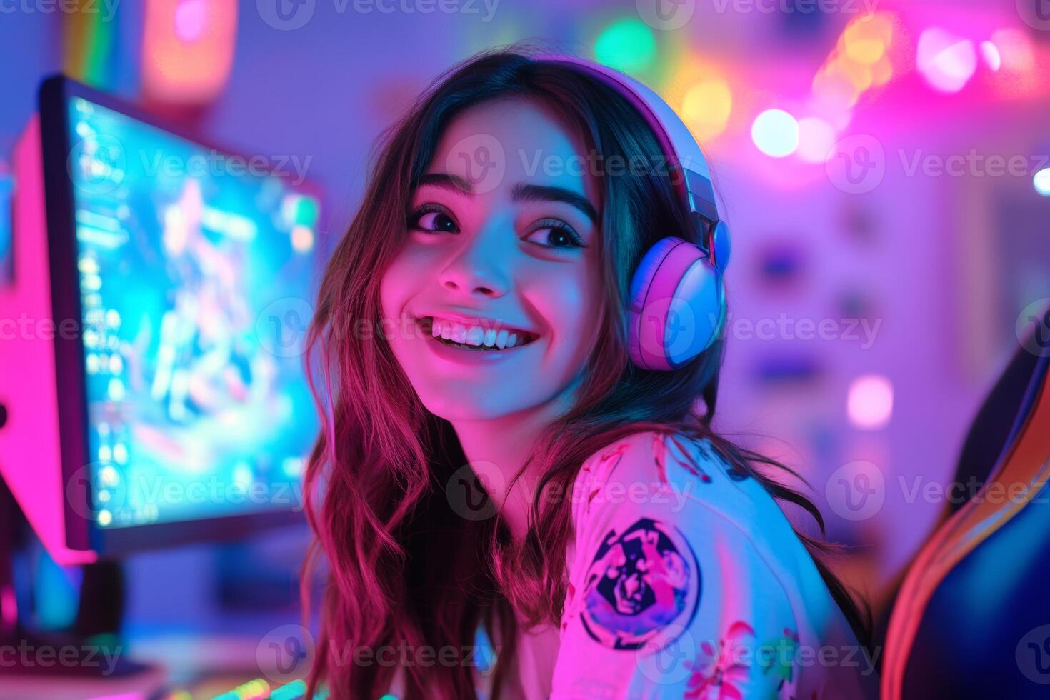 Smiling gamer girl enjoys playing games in a colorful neon room filled with vibrant lights photo