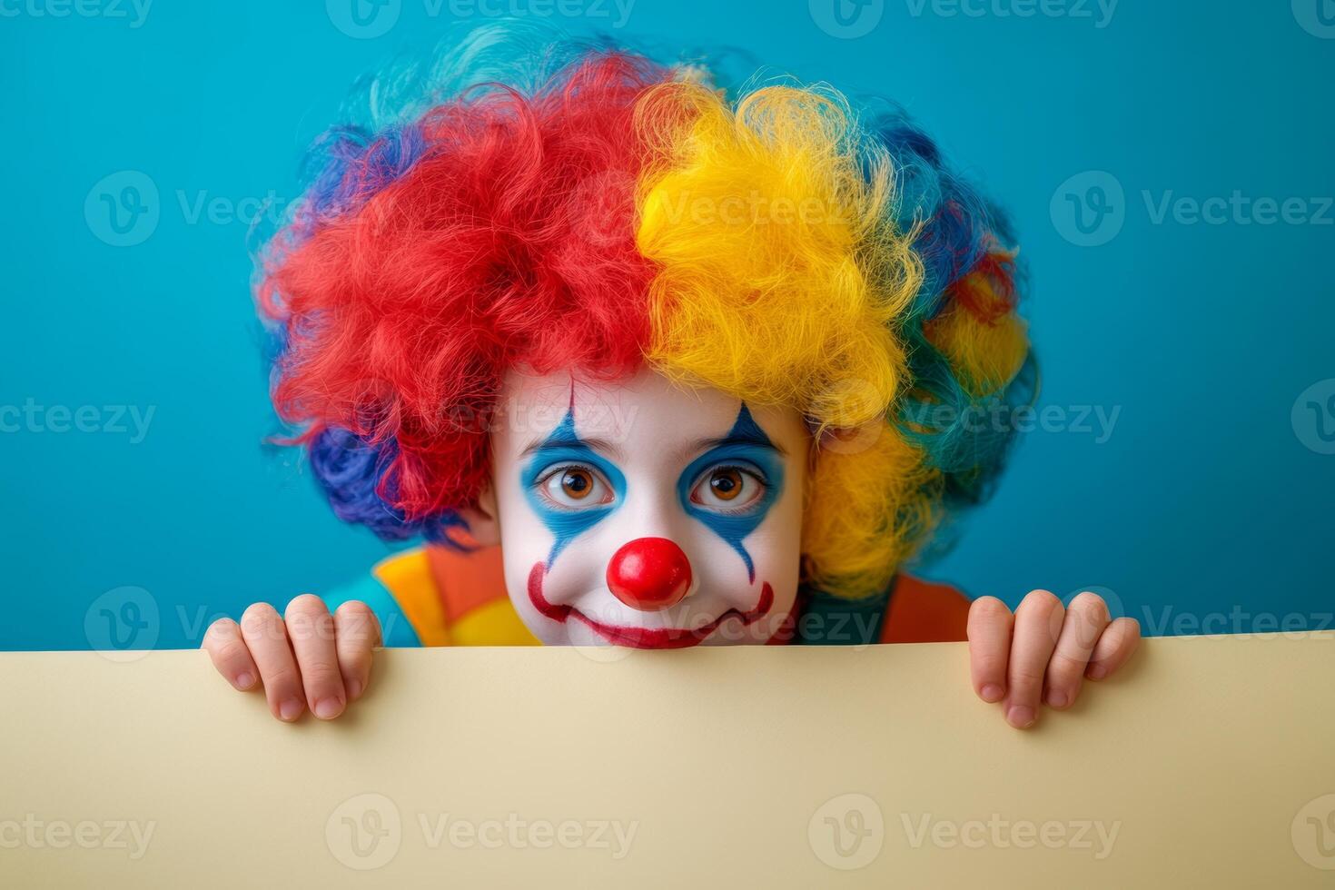 Young boy clown with a red nose and colorful wig playfully hiding behind a blank sign in a cheerful setting photo