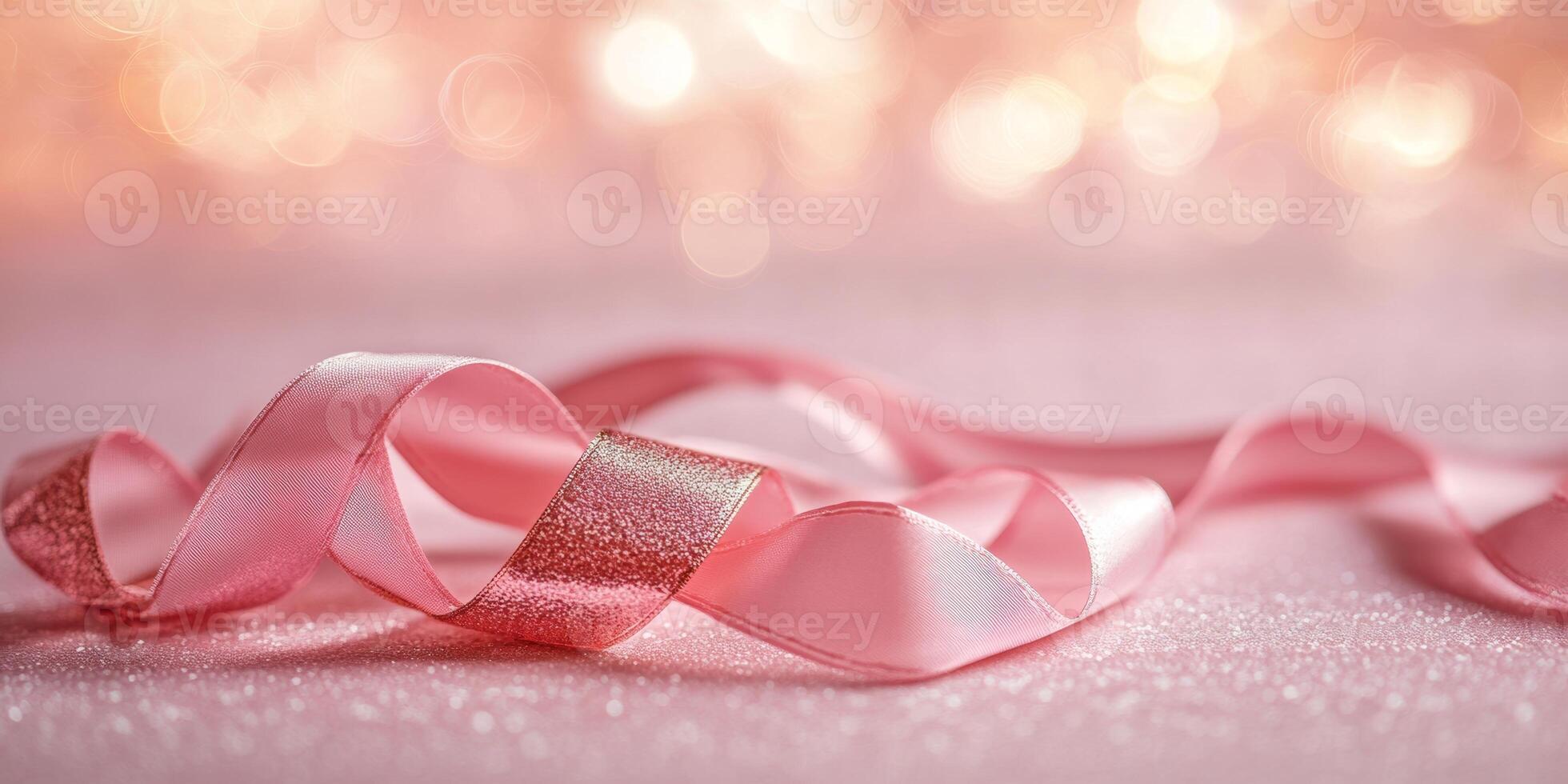 A pink satin ribbon rests on a soft pink background with bokeh effects, symbolizing Breast Cancer Awareness Month photo
