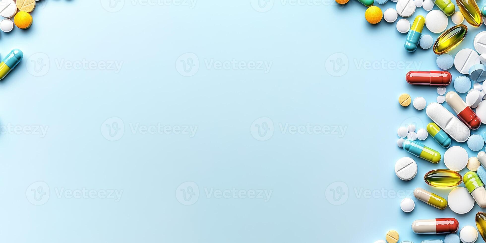 Colorful medication tablets and capsules arranged on a light blue surface for health and medical themes photo