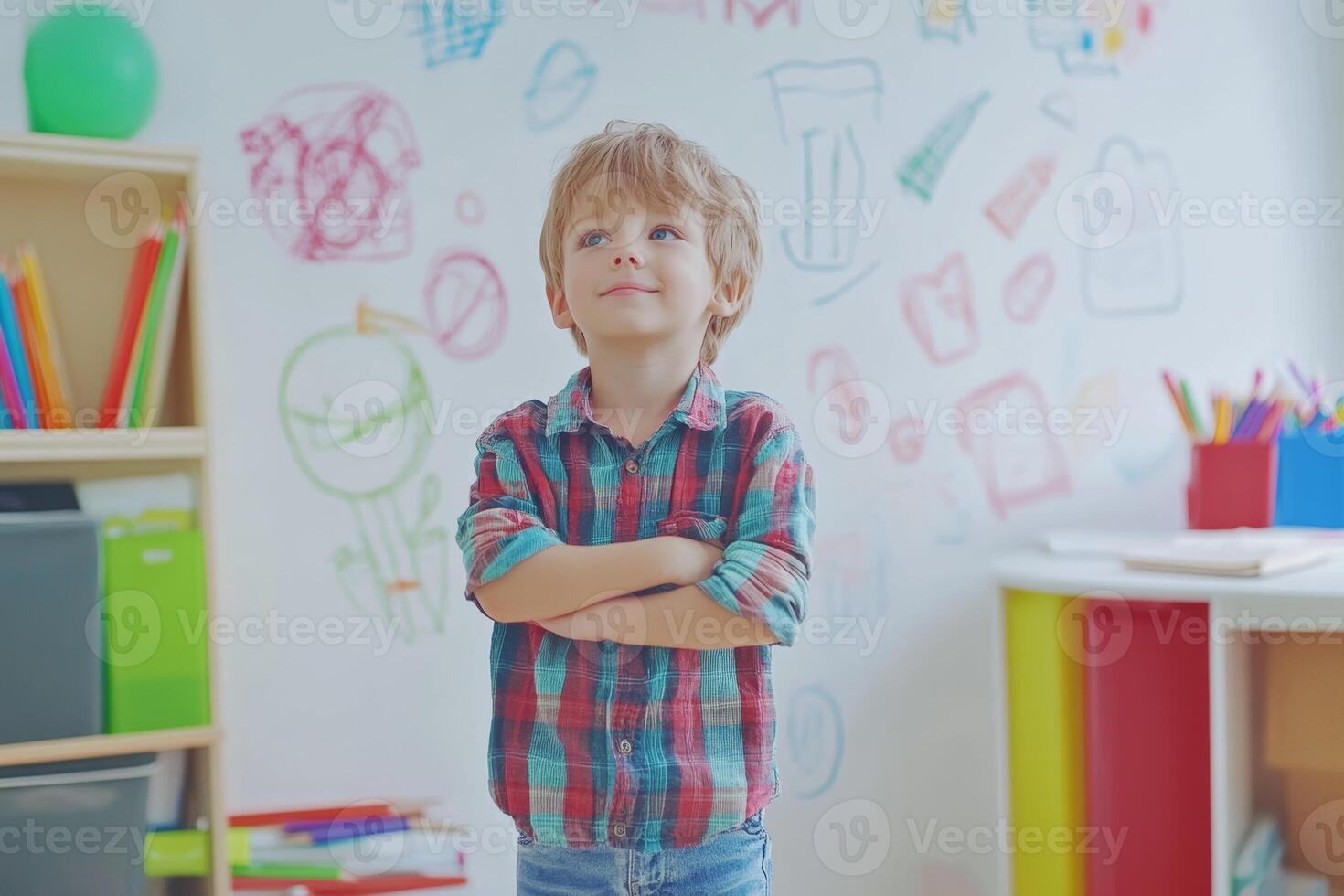 A little boy stands proudly in his colorful room after drawing on the white wall with colored pencils, showcasing his creative expression photo
