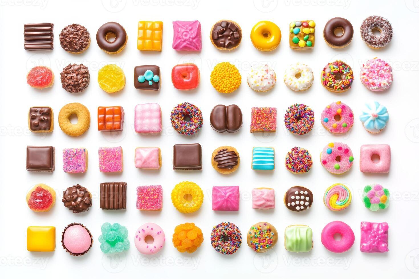 A vibrant assortment of colorful sweets, candies, donuts, and treats spread across a white background from a top view perspective photo