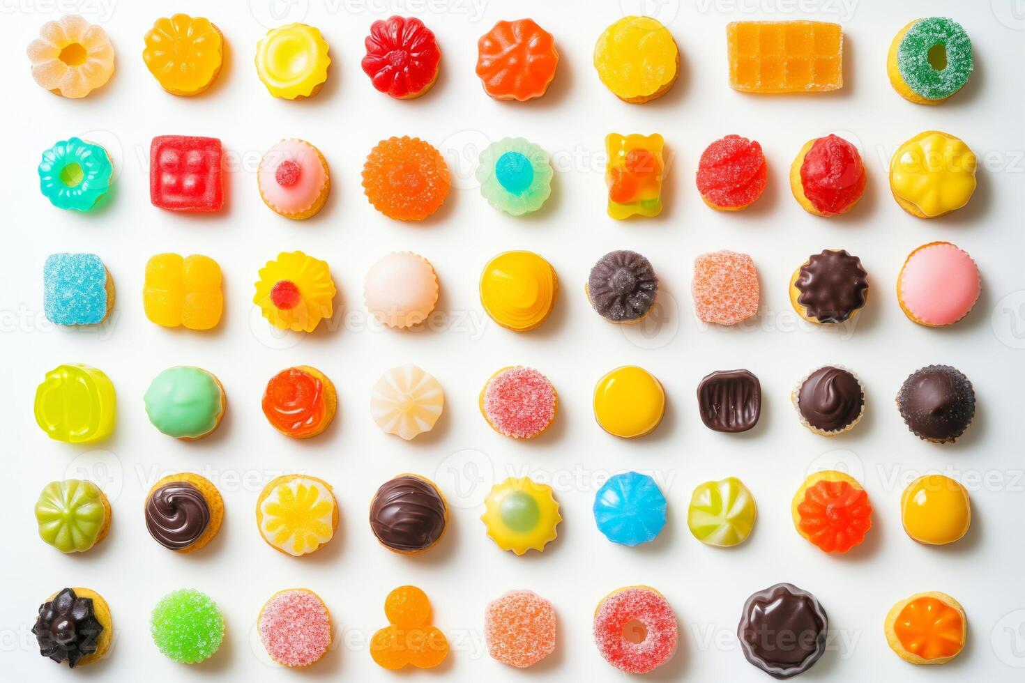 A colorful assortment of candies, gummy treats, chocolates, donuts, and cupcakes arranged on a white background for a vibrant display photo