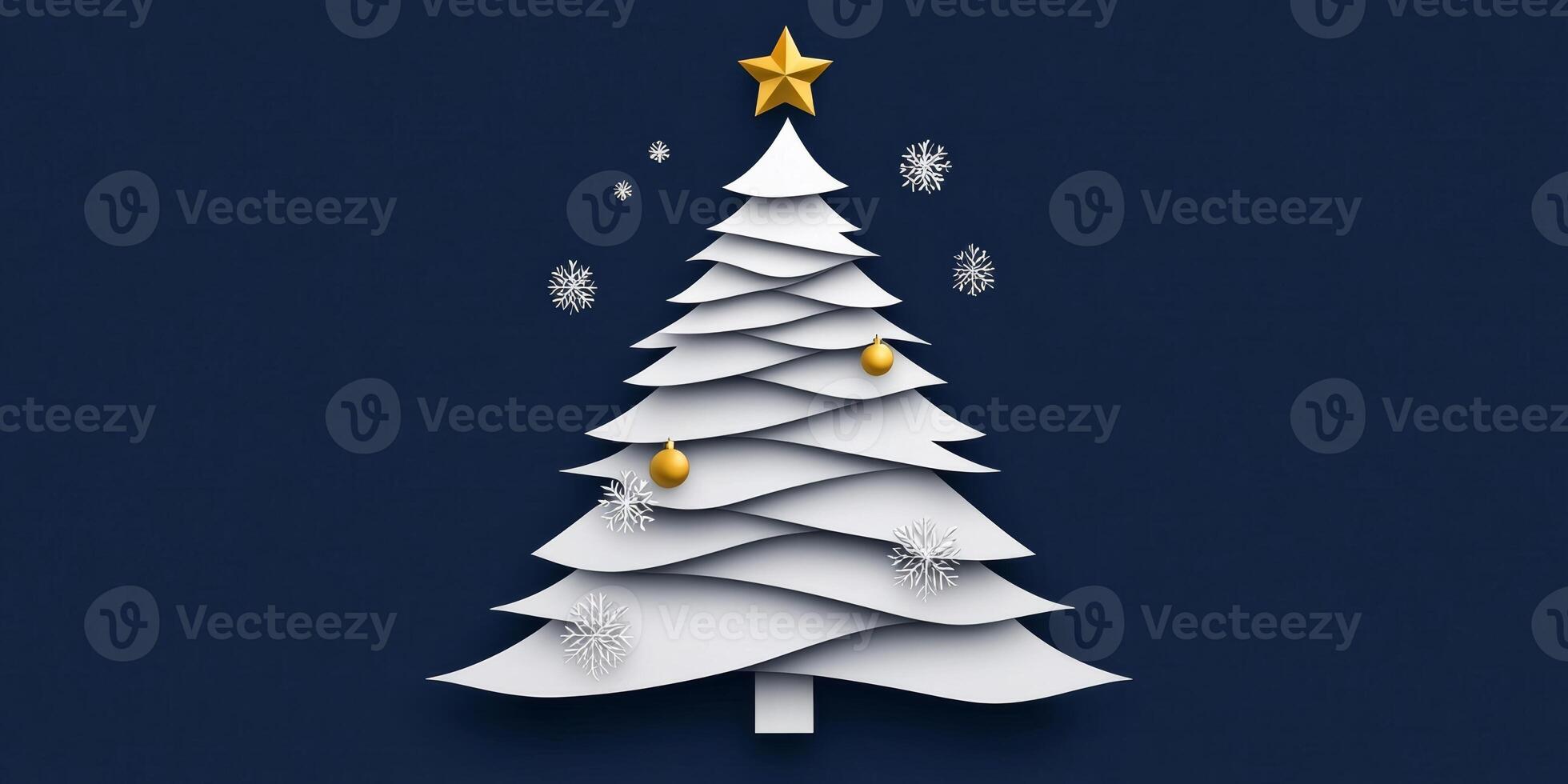 Minimalist Christmas greeting card featuring a geometric paper cut tree with golden decorations on a navy blue background photo