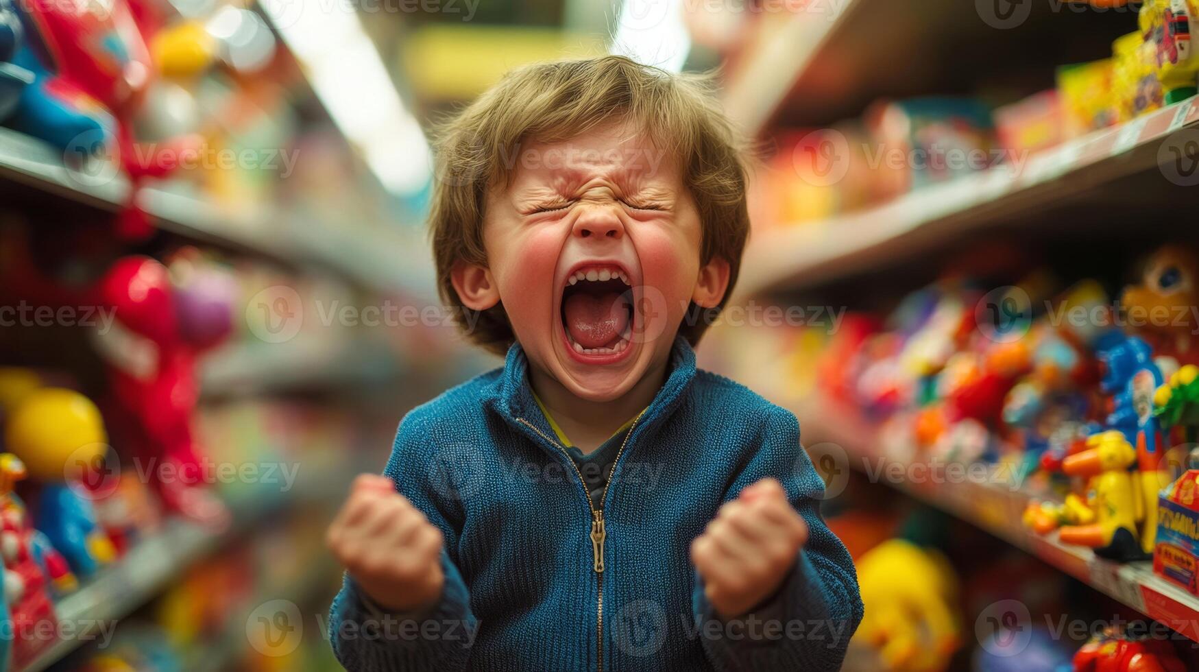 Disgruntled boy throwing a tantrum in a toy store, upset over parents refusing to buy toys he wants photo