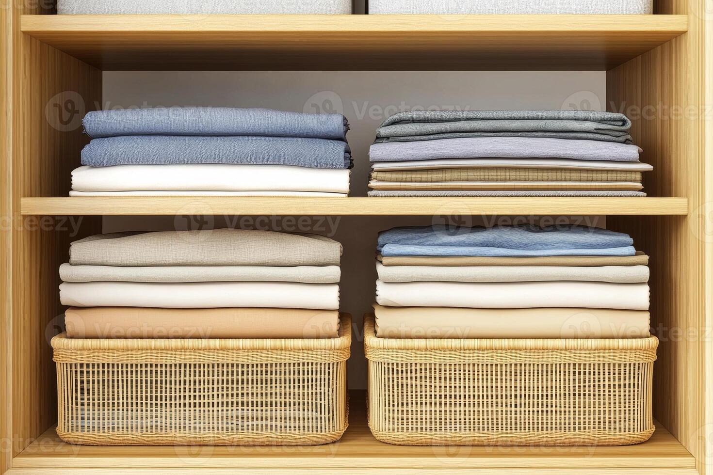 A modern closet showcasing an organized wardrobe with neatly folded clothes and rattan storage boxes for effective clothing management photo